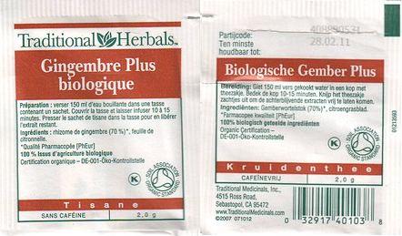 Traditional Herbals Gingembre Plus Biologique